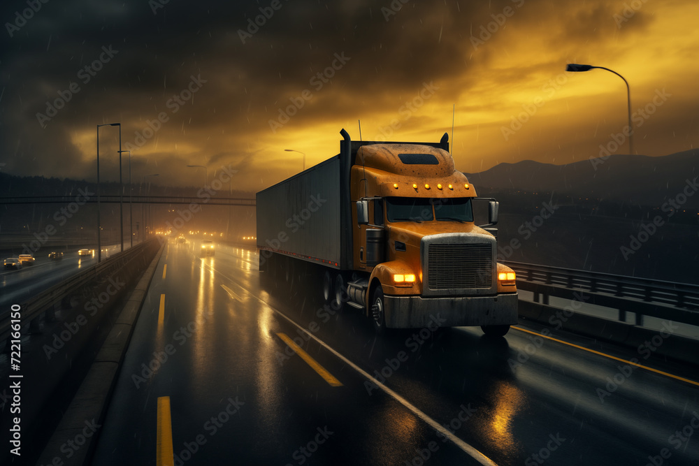 On highway, semi truck with trailer container is transporting cargo at sunset along asphalt roads AI Generation