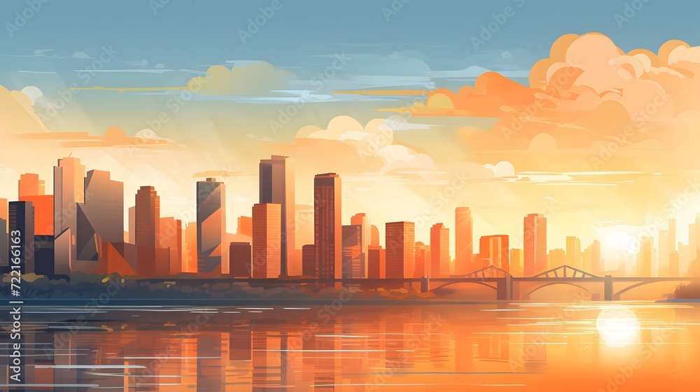 Cityscape with skyscraper building and morning sunlight. Riverfront city with orange sunrise. Urban modern building. Crowded with apartment building. Urban skyline. Capital city. Residential building.