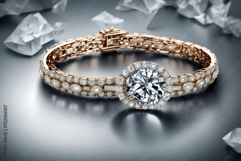An elegant display of diamond bracelets with unique cuts and settings, the high-definition camera revealing the beauty of their designs and reflective surfaces in exquisite An elegant display of diamond bracelets with unique cuts and settings, the high-definition camera revealing the beauty of their designs and reflective surfaces in exquisite