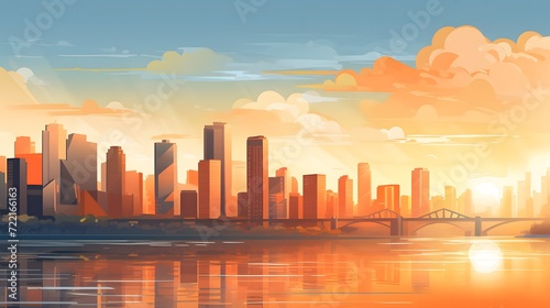 Cityscape with skyscraper building and morning sunlight. Riverfront city with orange sunrise. Urban modern building. Crowded with apartment building. Urban skyline. Capital city. Residential building. © Ziyan