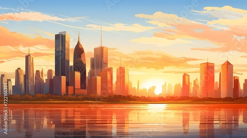 Cityscape with skyscraper building and morning sunlight. Riverfront city with orange sunrise. Urban modern building. Crowded with apartment building. Urban skyline. Capital city. Residential building. © Ziyan