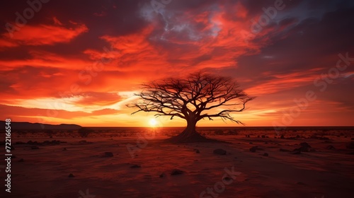 A lone desert tree silhouetted against a fiery sunset, standing resilient in the midst of the barren landscape © CREATER CENTER