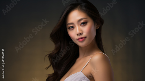 A beautiful Asian woman shines in a studio portrait, exuding elegance under soft lights and against a neutral backdrop.