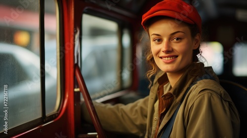 Smiling portrait of a young female bus driver