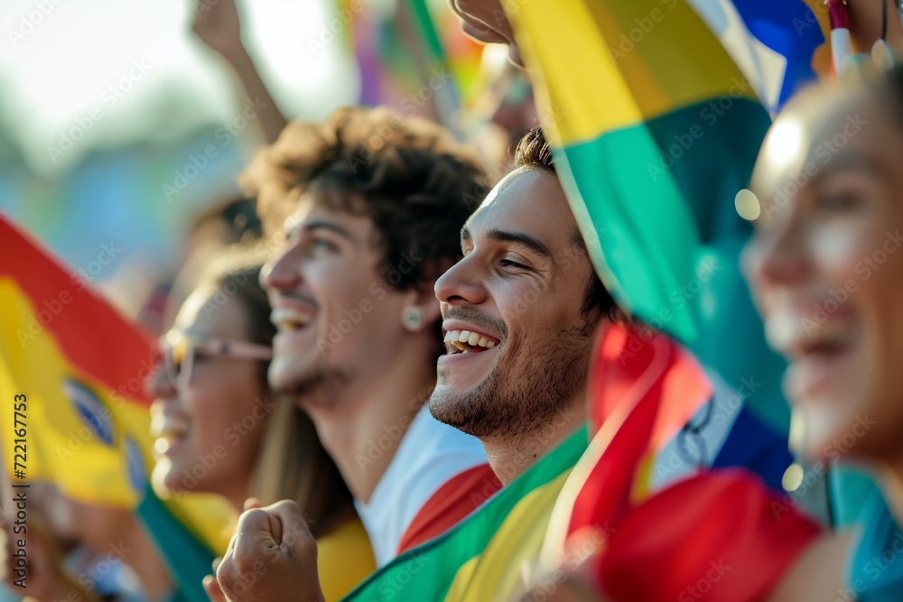 Sports event spectators, waving flags, stadium excitement, collective emotion, competitive spirit Sports event spectators, waving flags, stadium excitement, collective emotion, competitive spirit
