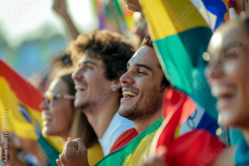 Sports event spectators, waving flags, stadium excitement, collective emotion, competitive spirit © Pavel