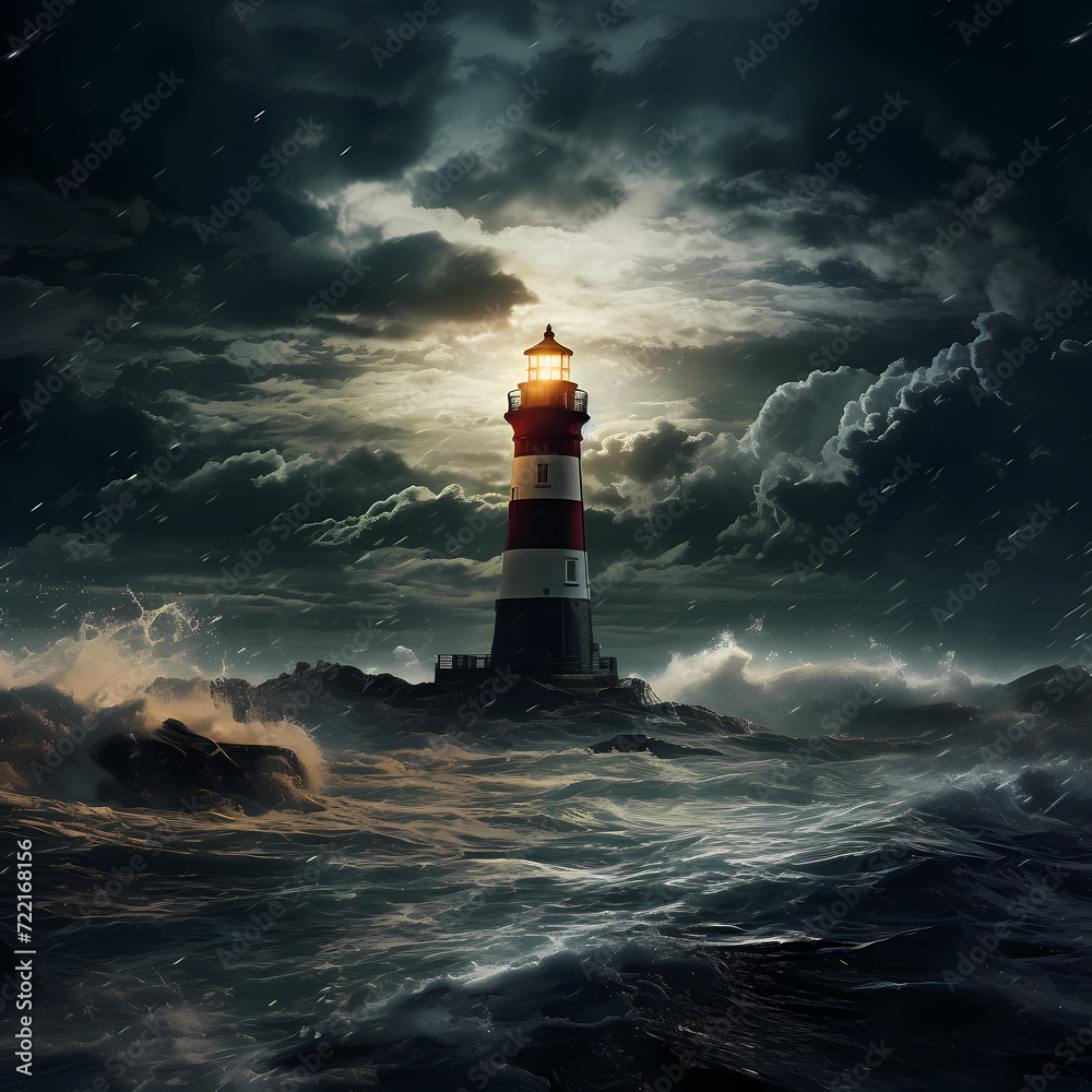 A lonely lighthouse on a stormy night.