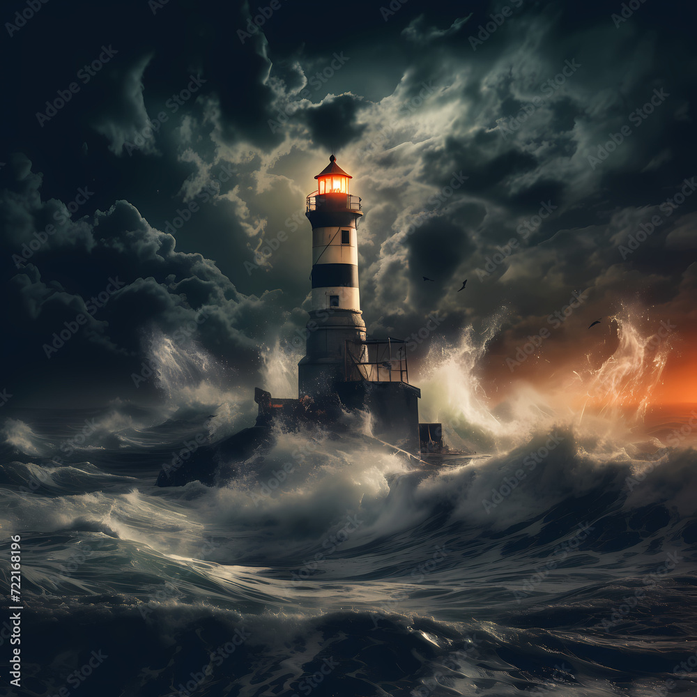 A lonely lighthouse on a stormy night.