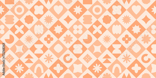 Y2k shape seamless pattern, geometric peach fuzz background, abstract retro cloth print, groovy element. Color palette 2024 year. Vector checkered illustration