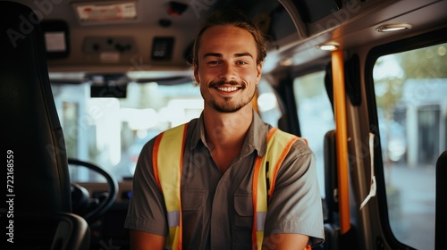 Smiling portrait of a young male bus driver