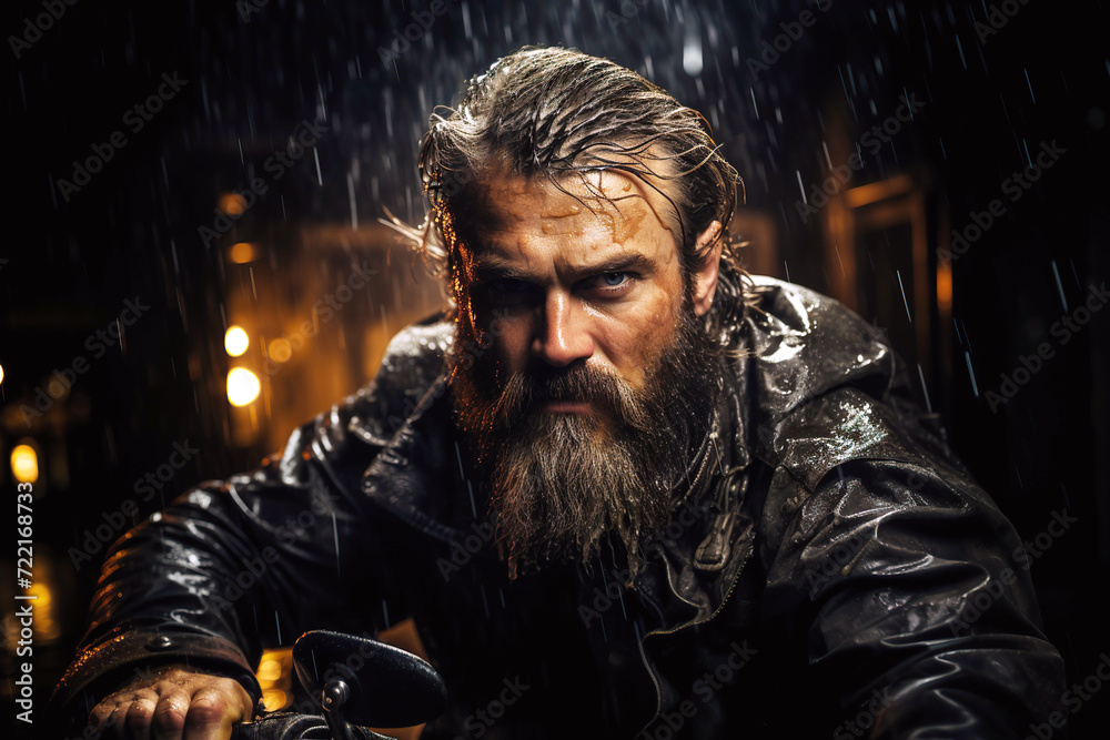 Obraz premium portrait of brutal bearded man motorcyclist biker in a leather jacket on a motorcycle at night in the rain