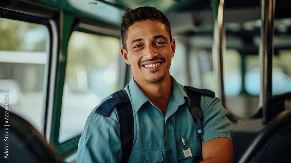 Smiling portrait of a young male bus driver