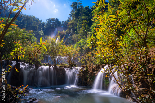 Tee Lor Su waterfall in the north of Thailand with long exposure shot with sun ray or beam  this waterfall locate in rain forest.