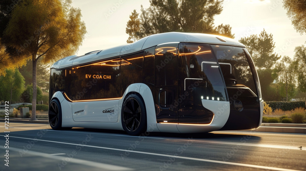 Futuristic electric bus in the shape of a sports car, letters on the side. Unusual shapes, Unusual designs, and Modern technologies. Futuristic electric bus in the shape of a sports car, letters on the side. Unusual shapes, Unusual designs, and Modern technologies.