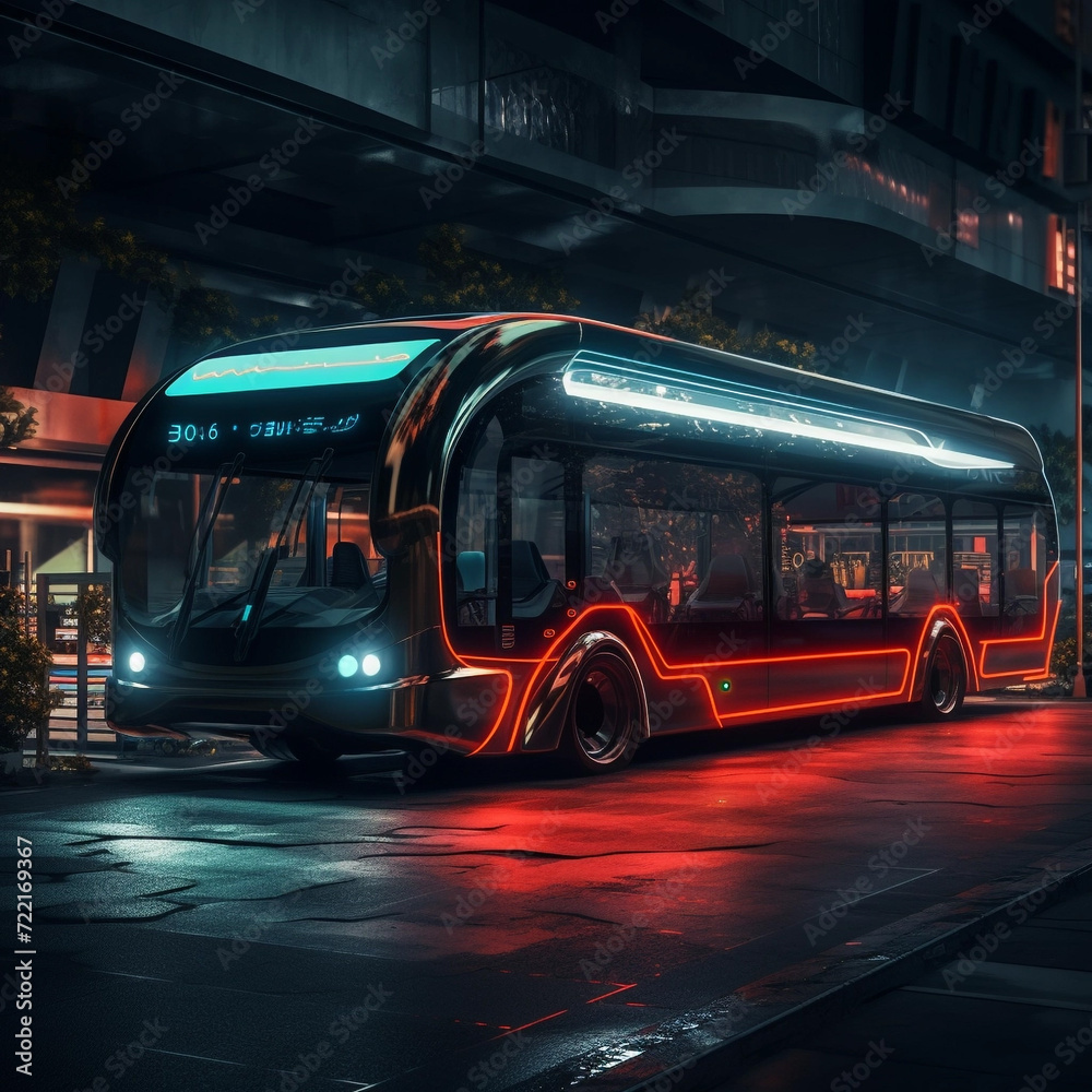Futuristic electric bus in the shape of a sports car, letters on the side. Unusual shapes, Unusual designs, and Modern technologies.