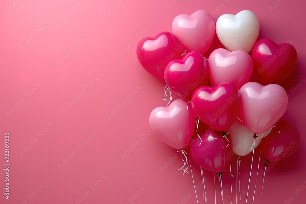 Overhead shot of heart balloons forming a pattern on a pink background with a copyspace