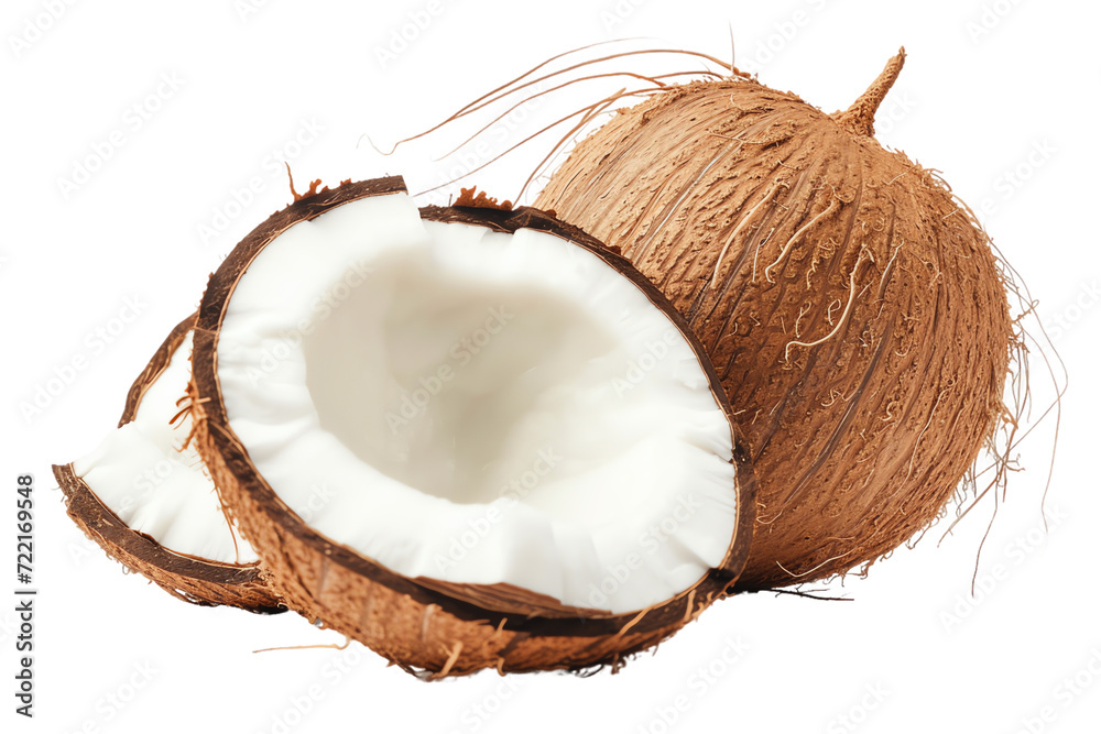 Fresh and healthy coconut, isolated on a clean white background, showcasing its natural beauty, cracked open to reveal the nutritious goodness within Fresh and healthy coconut, isolated on a clean white background, showcasing its natural beauty, cracked open to reveal the nutritious goodness within