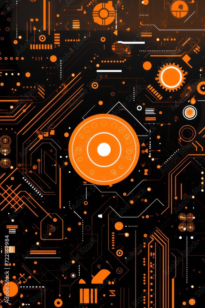 Orange abstract technology background using tech devices and icons