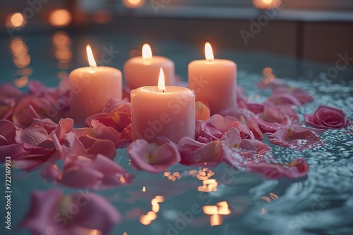 Romantic candlelit bath with rose petals and scented candles