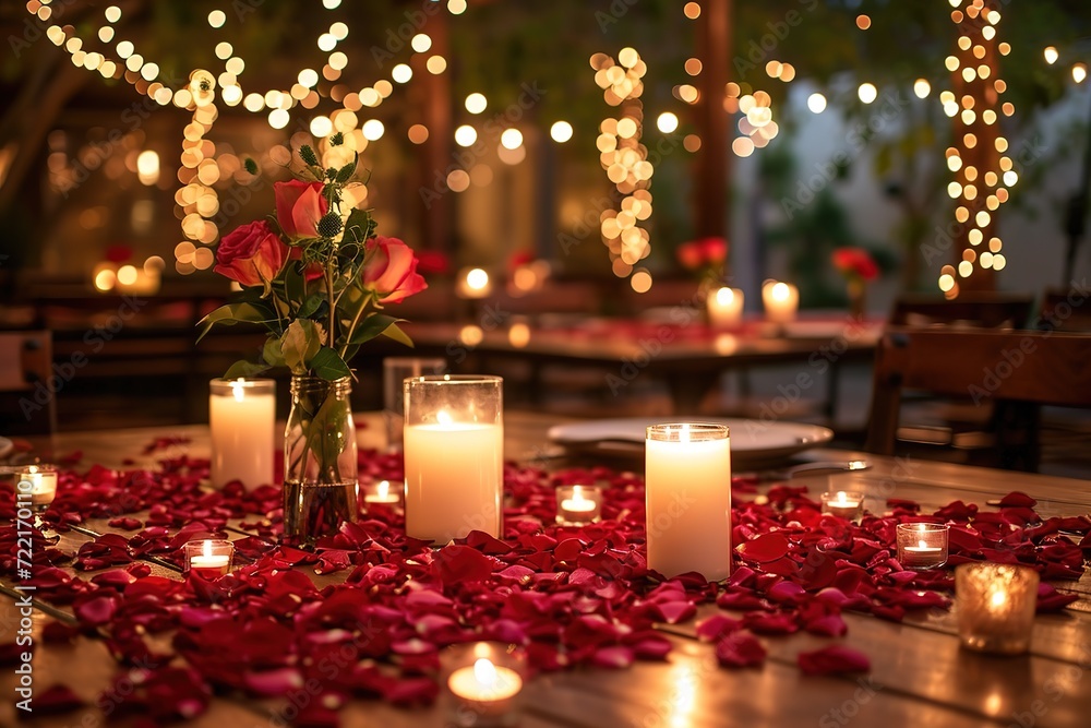 Romantic dinner setup with candles, rose petals, and soft music
