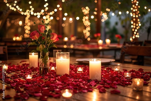 Romantic dinner setup with candles, rose petals, and soft music