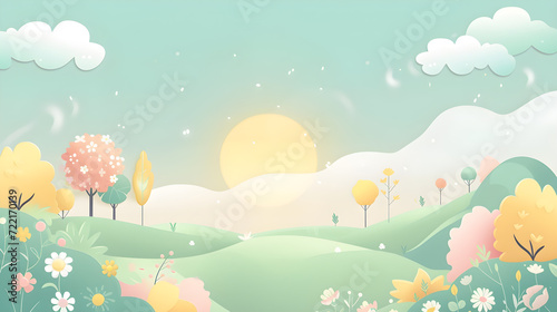 A cute morning landscape with soft pastel colors and green as the main focus.