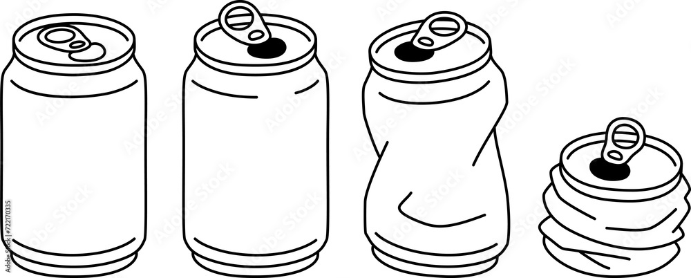 Crushed aluminum can outline drawing set. Simple black and white line art illustration, hand drawn doodle. - obrazy, fototapety, plakaty 