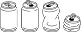 Crushed aluminum can outline drawing set. Simple black and white line art illustration, hand drawn doodle.