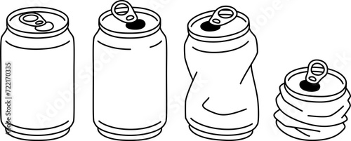 Crushed aluminum can outline drawing set. Simple black and white line art illustration, hand drawn doodle. photo