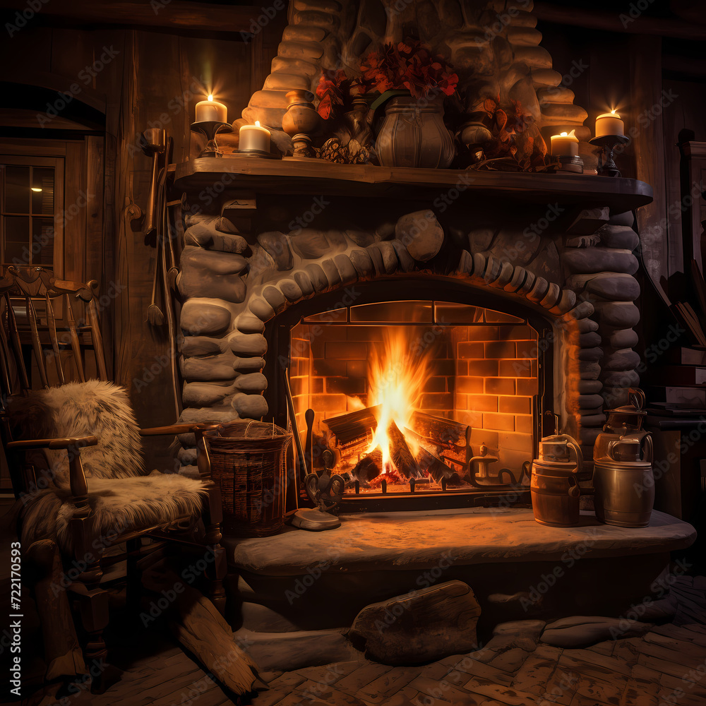A cozy fireplace with crackling flames and logs.