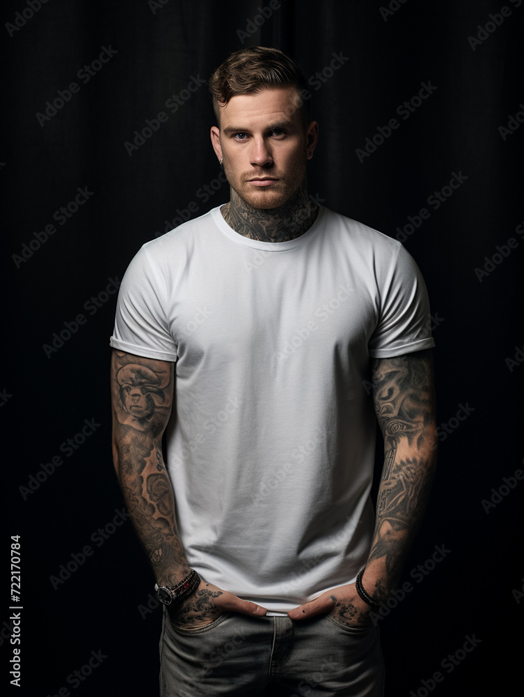 Mockup of a man with tattoos wearing a white T-shirt, vertical image Mockup of a man with tattoos wearing a white T-shirt, vertical image