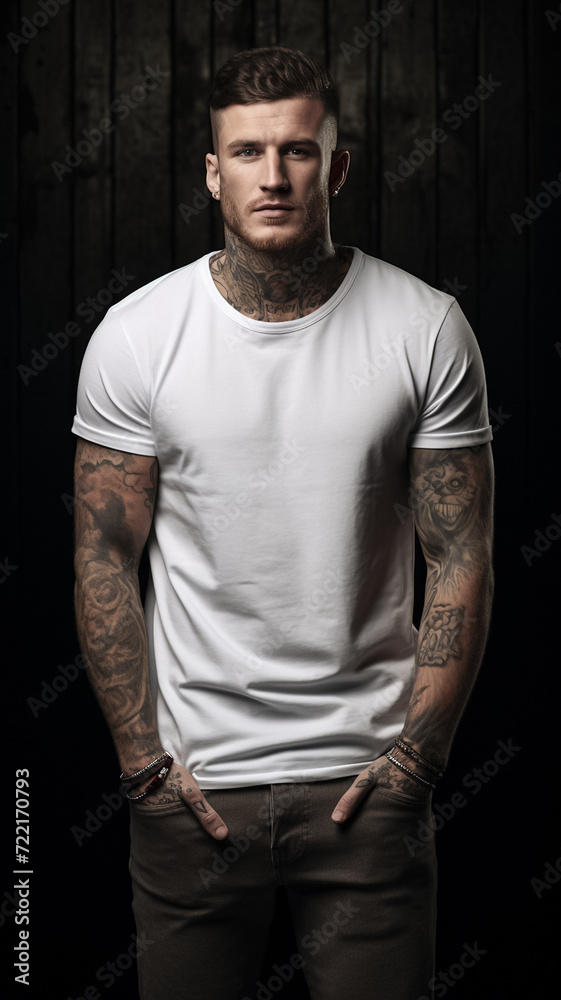 Mockup of a man with tattoos wearing a white T-shirt, vertical image
