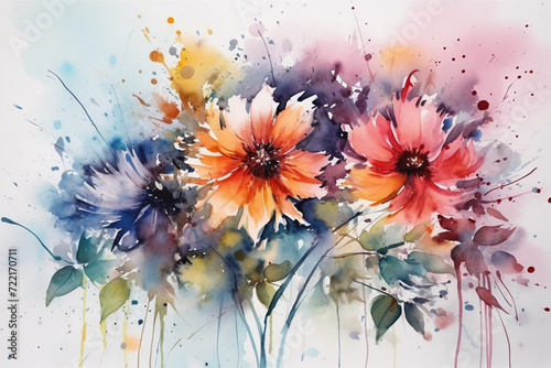 Nature concept. Colorful flowers in watercolor drawing style and white background with copy space