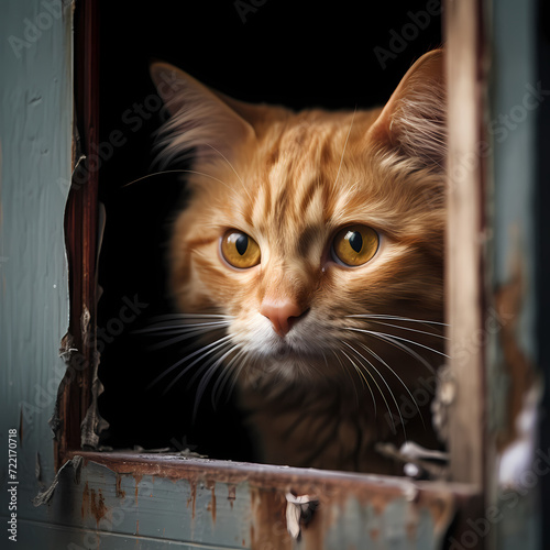 A curious cat peering through a window.