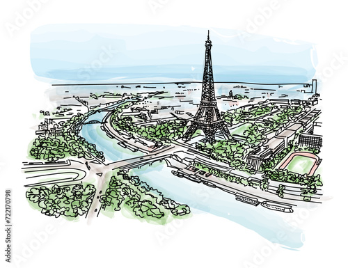 Eiffel Tower or Tour Eiffel aerial view,  Paris, France, vector illusration for travel magazine, post card, poster or social media post