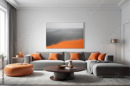 living room interior with grey and orange design