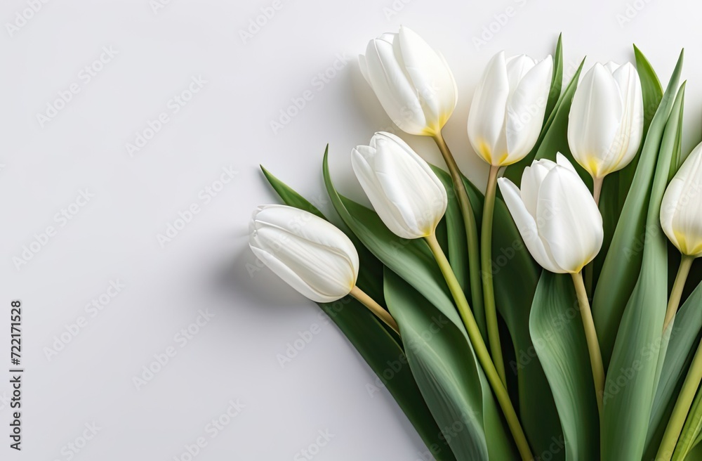 A bouquet of seven white tulips on the right side on a milky background with a place for an inscription on the left side, banner A bouquet of seven white tulips on the right side on a milky background with a place for an inscription on the left side, banner