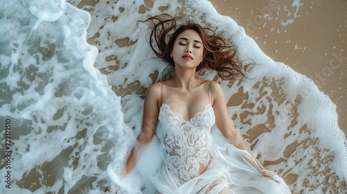 Woman or Girl lying at beautiful beach, wearing bikini or bra
