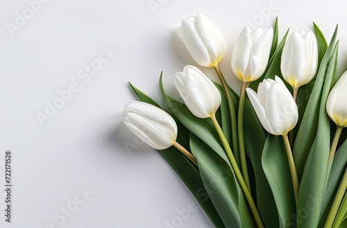 A bouquet of seven white tulips on the right side on a milky background with a place for an inscription on the left side  banner