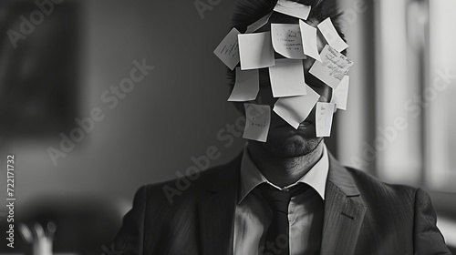 Stressed young businessman looking up surrounded by post-its in the office.