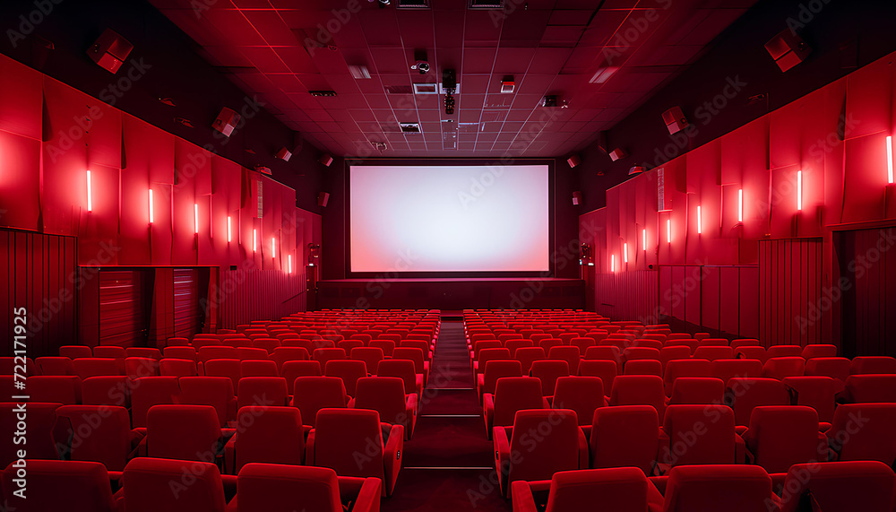 Fototapeta premium Empty of cinema in red color with white blank screen