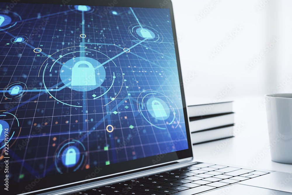 Computer monitor with creative light lock illustration and microcircuit, cyber security concept. 3D Rendering Computer monitor with creative light lock illustration and microcircuit, cyber security concept. 3D Rendering