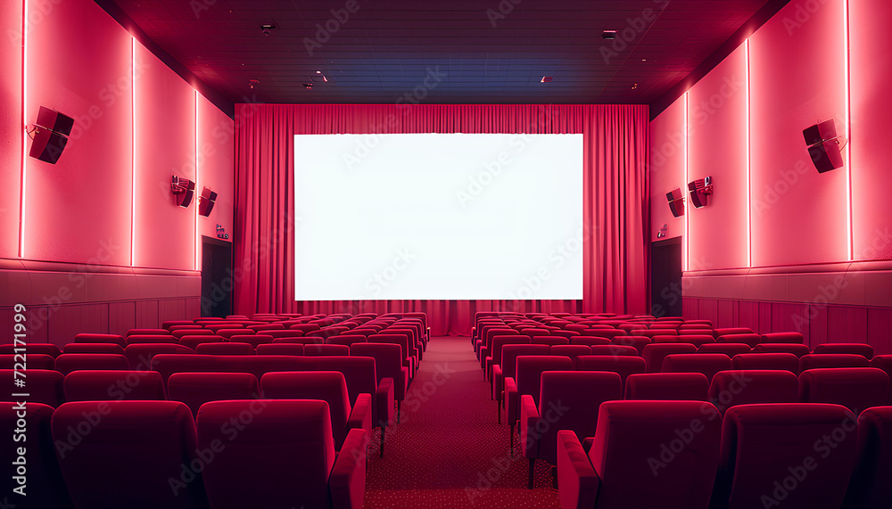 Fototapeta premium Empty of cinema in red color with white blank screen