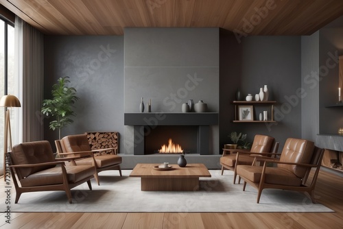 Brown leather chair and grey sofa in room with fireplace. Mid century style home interior design of modern living room © Dhiandra