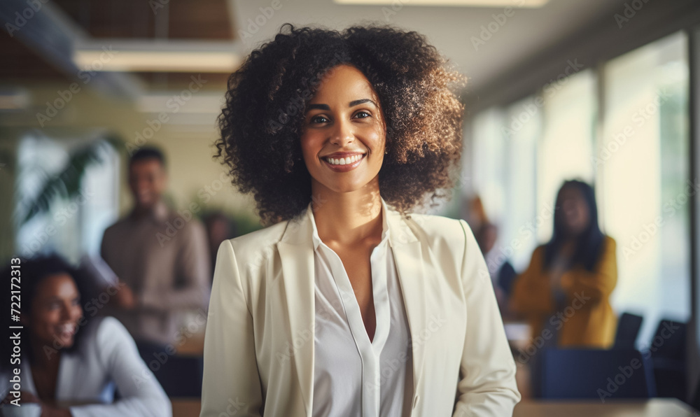 A smiling black woman confidently looking at the camera in an office setting, conveying gender and racial equality A smiling black woman confidently looking at the camera in an office setting, conveying gender and racial equality