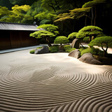 A serene zen garden with carefully raked sand.