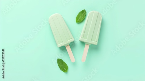 Frozen juice with mint ice cream flavor on a stick. decorated with a leaf of fresh lemon balm. Cold summer dessert on a plain background. Banner, copy space
