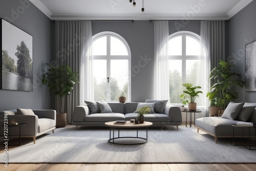 interior design of gray walled living room with comfortable sofa center table carpet curtains potted plants while window sunlight illuminating