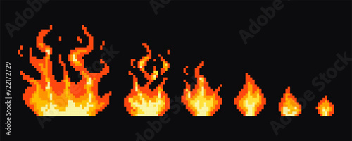 Stages of pixel fire extinction. Gaming pixel fire, explosion, flames. Steps of pixel flame extinguishing.