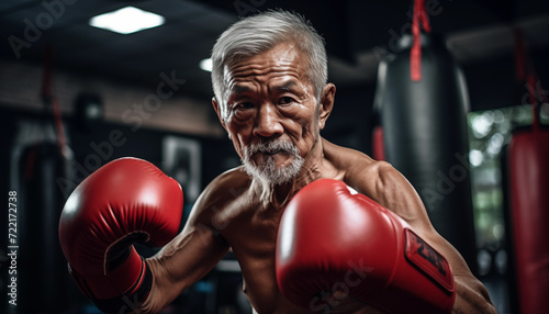 Portrait of Asian elderly woman in boxing gloves in the gym on a dark background © Зоя Лунёва